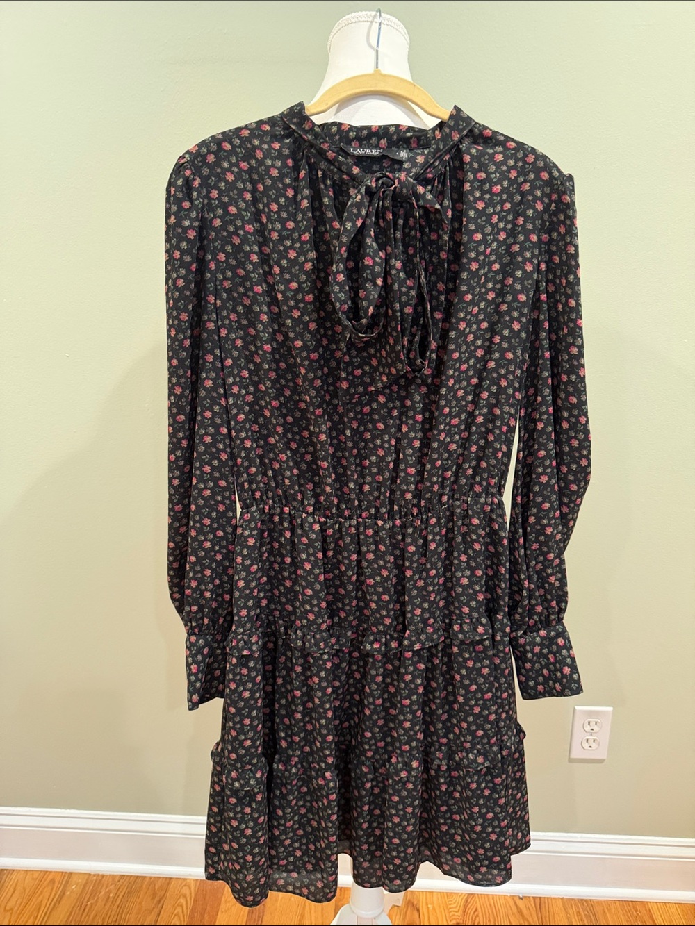 Lauren Ralph Lauren Black Dress with Pink Floral Print and Tie Neck